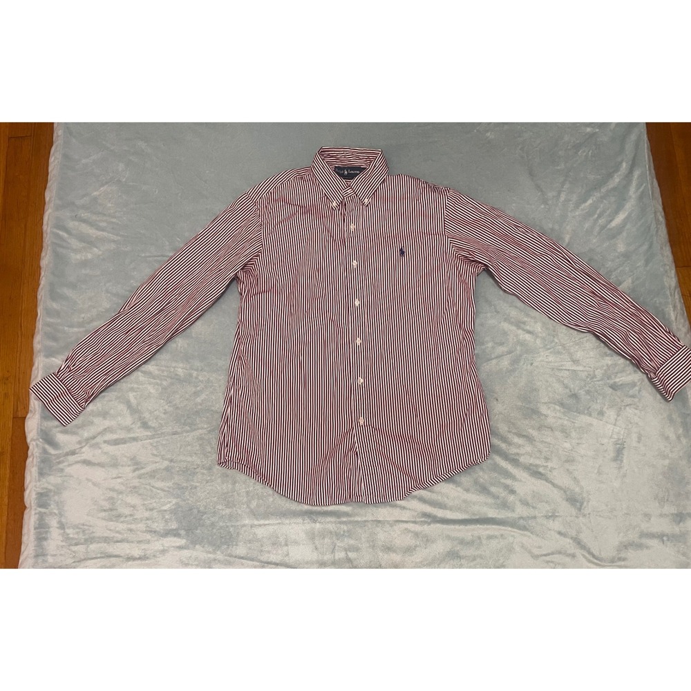 Ralph Lauren Custom Fit Striped Button Down Shirt Mens Large Burgundy White